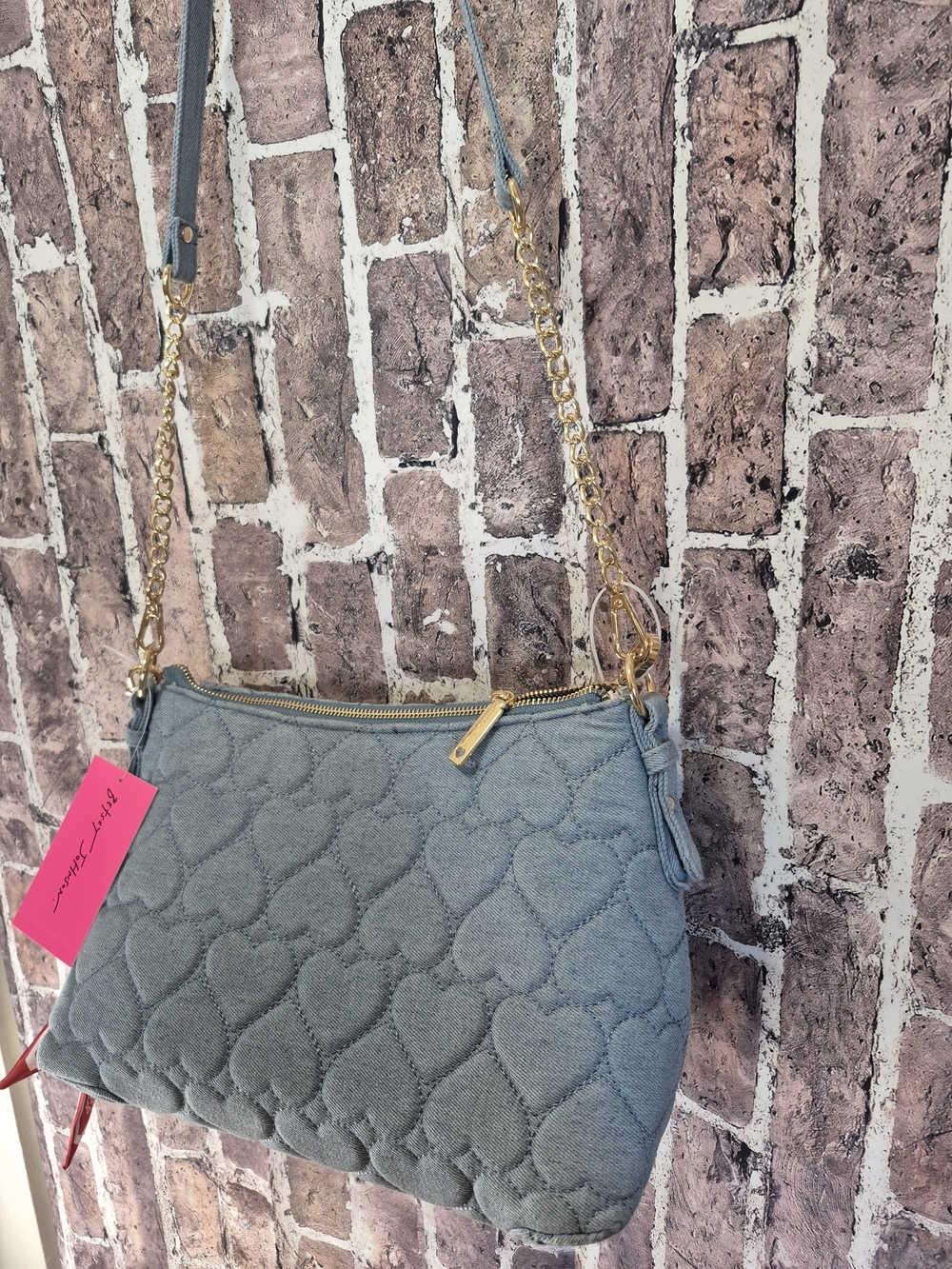 Betsey Johnson Denim Quilted Heart Crossbody Bag XOX With Bandana - Picture 14 of 16